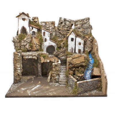 Paesaggio Presepe con Casette e Cascata ad Acqua Plastico con Luci