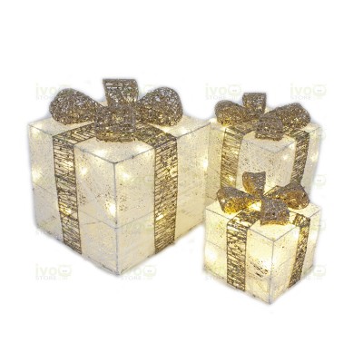 Set 3 Pezzi Pacchetti Regalo con Fiocco Luminosi in Vimini 25/20/15 cm Decorazioni Natalizie