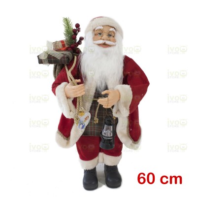 Babbo Natale Bianco 60 cm con Abito Rosso e Scozzese Lanterna e Sacco Doni