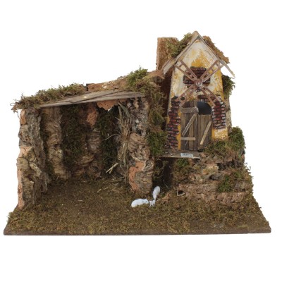 Capanna Vuota per Presepe con Luci e Mulino a Vento 60 x 34 x H 44 cm - 11771