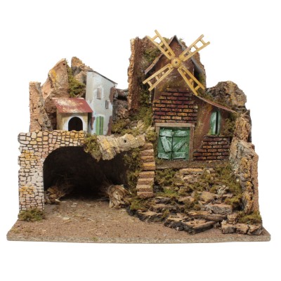 Capanna Vuota per Presepe con Luci e Mulino a Vento 45 x 30x H 38 cm - 11368