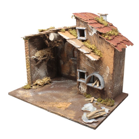 Capanna Vuota per Presepe con Luci e Forno con Lampada Fuoco 45 x 30 x H 36