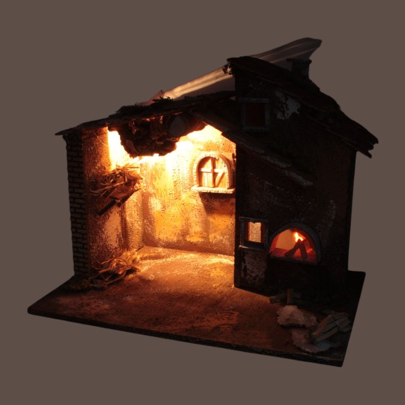 Capanna Vuota per Presepe con Luci e Forno con Lampada Fuoco 45 x 30 x H 36