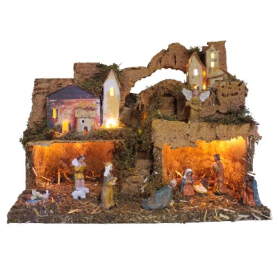 Paesaggio Presepe con Luci 33x18 cm Completo con Personaggi