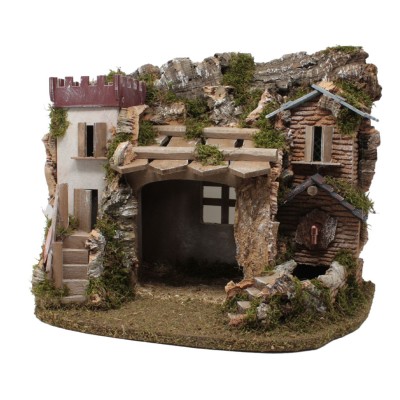 Paesaggio Presepe con Fontana e Case 38x28 cm 357AV