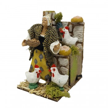 Donna con Galline Pastore per Presepe in Movimento 14x9 cm