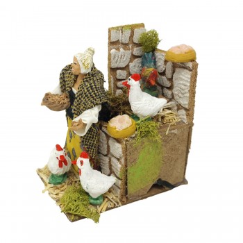 Donna con Galline Pastore per Presepe in Movimento 14x9 cm