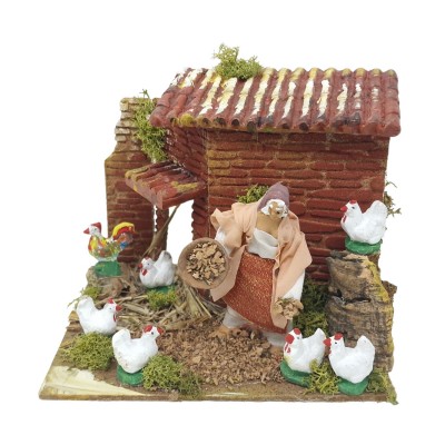 Donna con Galline Pastore per Presepe in Movimento 17x17 cm