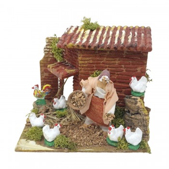 Donna con Galline Pastore per Presepe in Movimento 17x17 cm