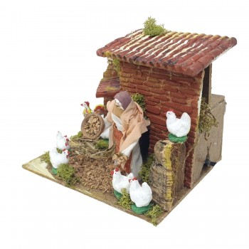 Donna con Galline Pastore per Presepe in Movimento 17x17 cm