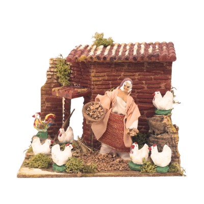 Donna con Galline Pastore per Presepe in Movimento 17x17 cm