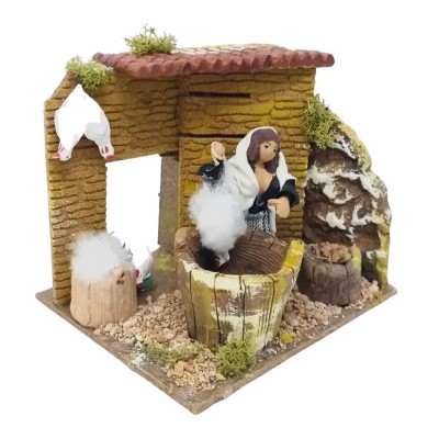 Donna che Spenna Galline Pastore per Presepe in Movimento 17x17 cm