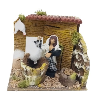 Donna che Spenna Galline Pastore per Presepe in Movimento 17x17 cm