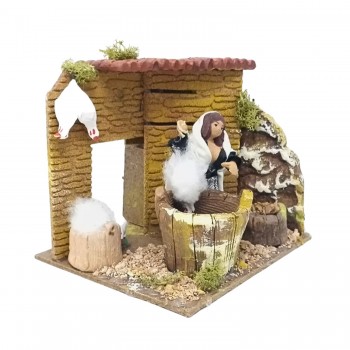 Donna che Spenna Galline Pastore per Presepe in Movimento 17x17 cm