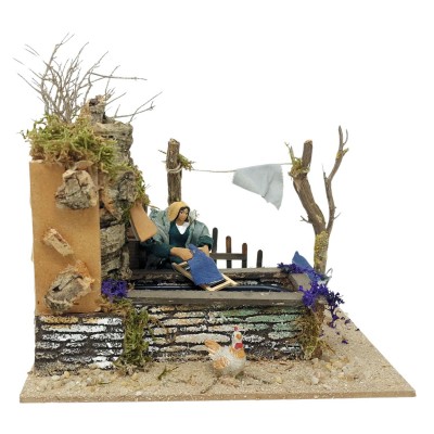 Lavandaia con Fontana Pastore per Presepe in Movimento 17x17 cm 79208