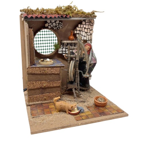 Filatrice con Arcolaio Pastore per Presepe in Movimento 17x17 cm