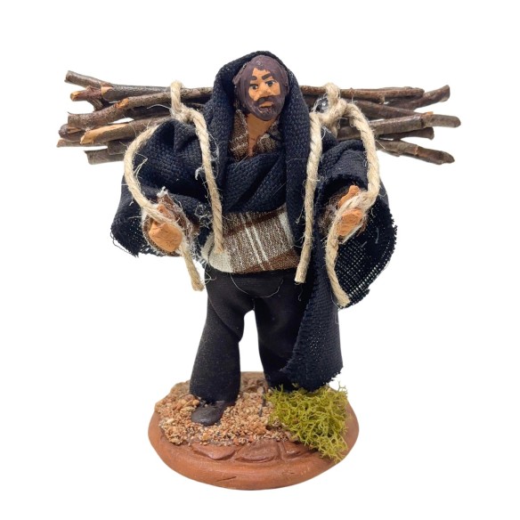 Uomo con Legna Statuina in Terracotta per Presepe 14 cm