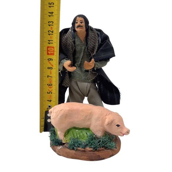 Uomo con Maiale Statuina in Terracotta per Presepe 14 cm