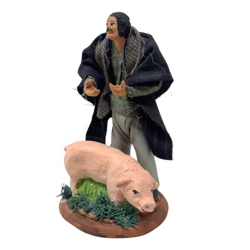 Uomo con Maiale Statuina in Terracotta per Presepe 14 cm