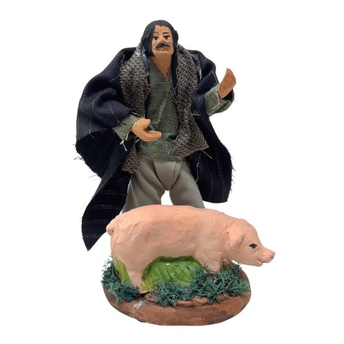 Uomo con Maiale Statuina in Terracotta per Presepe 14 cm