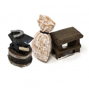 set 3 soggetti in miniatura farina, tavolo e incudine