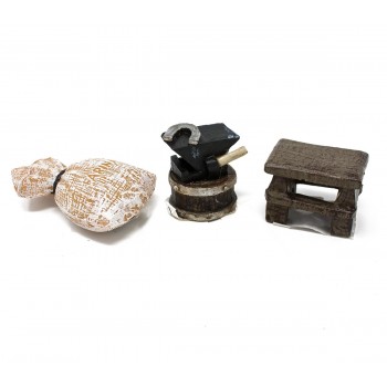 set 3 soggetti in miniatura farina, tavolo e incudine