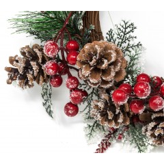 Dietro Porta Natalizio Decorato con Bacche Rosse, Pigne e Neve 30 cm - 48889